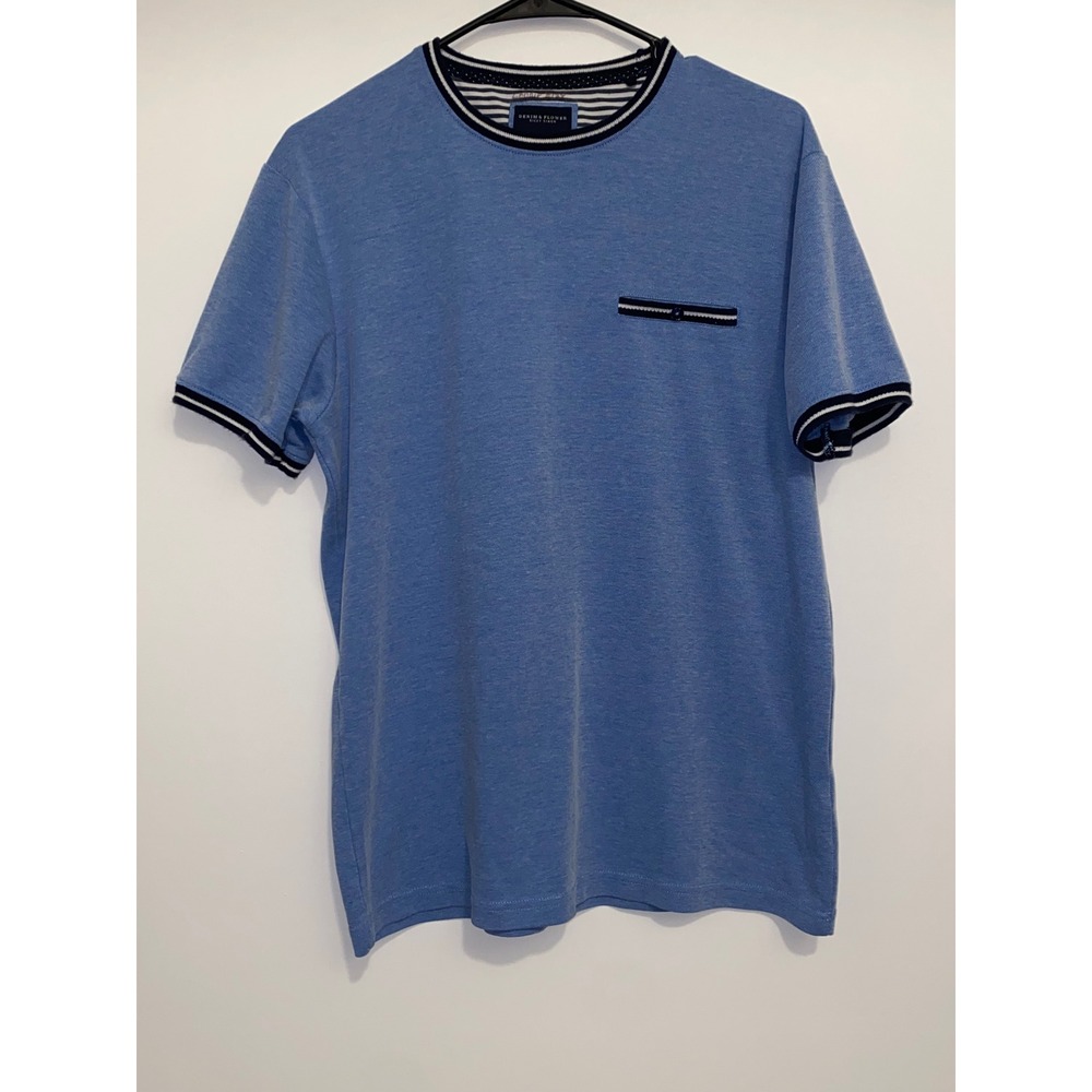 Denim & Flower Mens Blue Ringer T-Shirt Striped Trim Short Sleeve Size‎ M